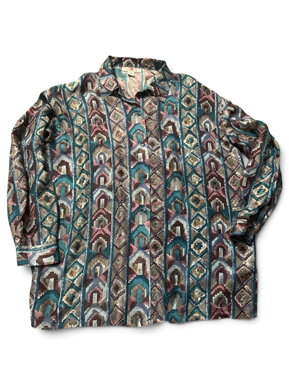 Vintage STUNT Collections 100% Silk Southwestern Geometric Shirt Shoulder Pads L
